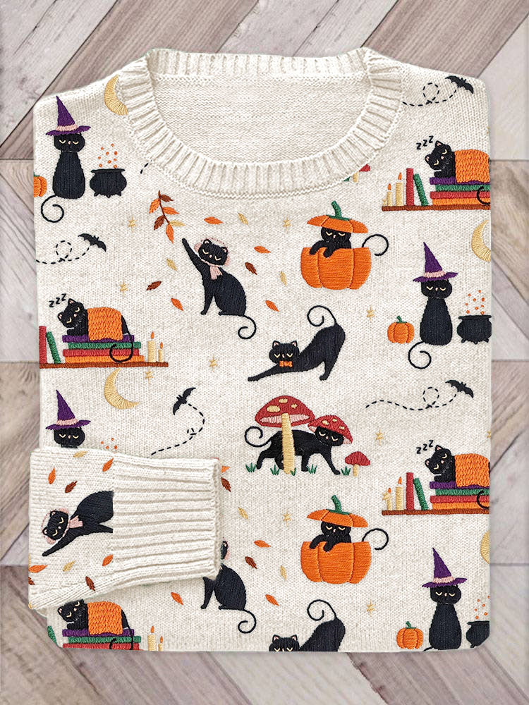 Halloween Black Cat Pumpkin Embroidery Pattern Sweater