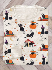 Halloween Black Cat Pumpkin Embroidery Pattern Sweater