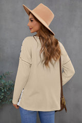 Women's Casual Apricot V Neck Tie-dye&Leopard Splice Waffle Knit Long Sleeve Top