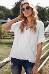 Women's White V Neck Short Sleeves Drape Knit Top