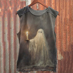 Men's Cute Small Scary Ghost Holding Candle Halloween Print Vest