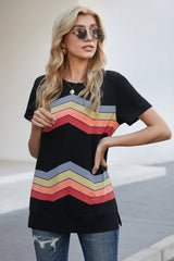 Women's Black Colorful Wavy Stripes Print Short Sleeve Tee