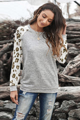Women's Fashion Gray Round Neck Leopard Long Sleeve Top
