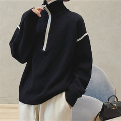 Stand Collar Zip Colorblock Loose Fashion Sweater