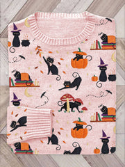 Halloween Black Cat Pumpkin Embroidery Pattern Sweater