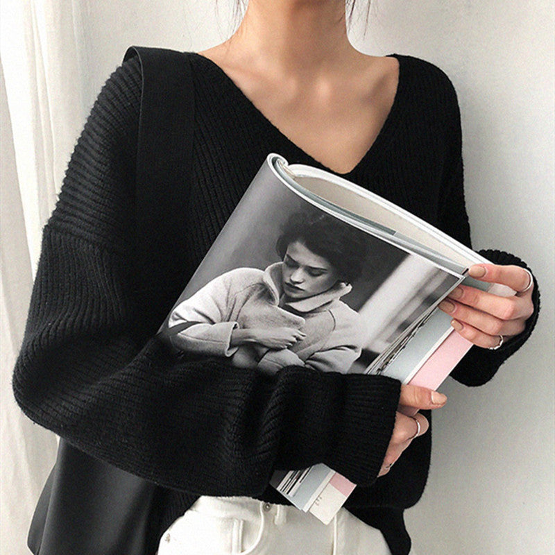 V-Neck Simple Irregular Pullover Sweater