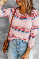 Women's Pink Stripe Print Crew Neck Top