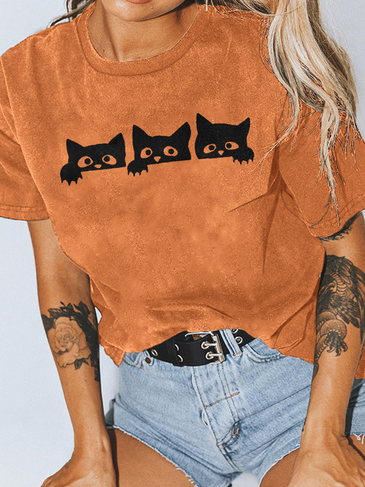 Short Sleeve Halloween Cat Print T-Shirt