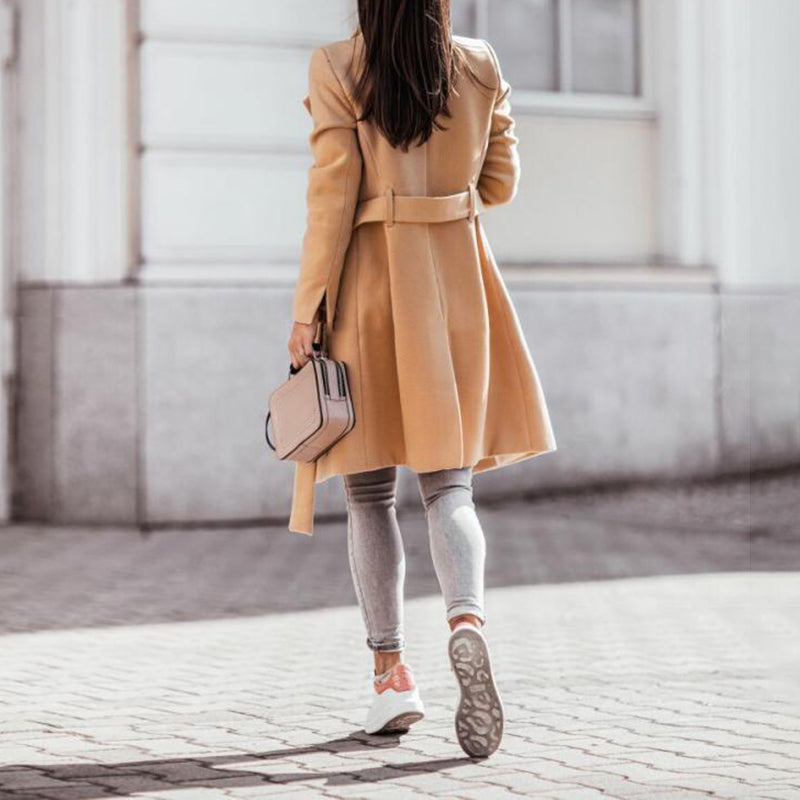 Pure Color Straps Woolen Coat
