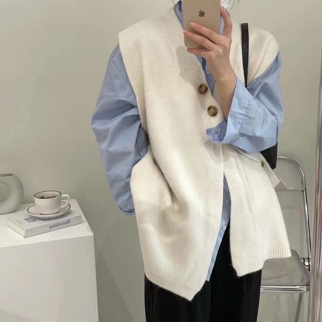 Versatile design sense sleeveless knit cardigan knit vest