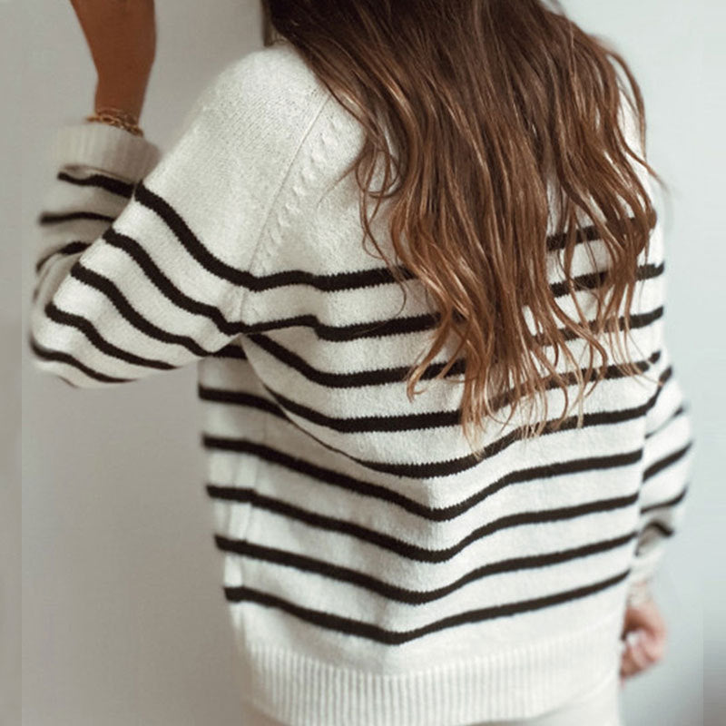 Casual Front Placket Stripe Swater