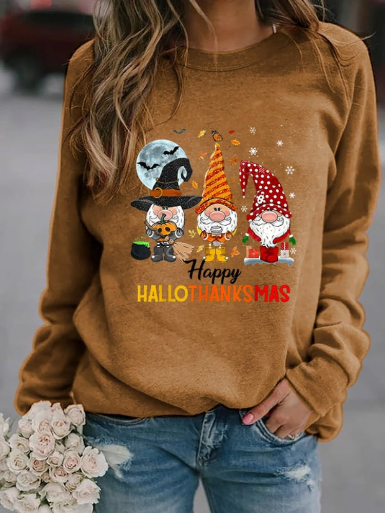 Halloween Christmas Gnome Print Crewneck Sweatshirt