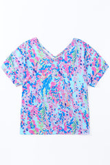 Women's Sky Blue Loose Painted Floral Tee
