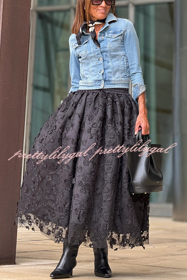 Timeless Luxury Tulle 3D Embroidered Flowers Elastic Waist Large Hem Midi Skirt