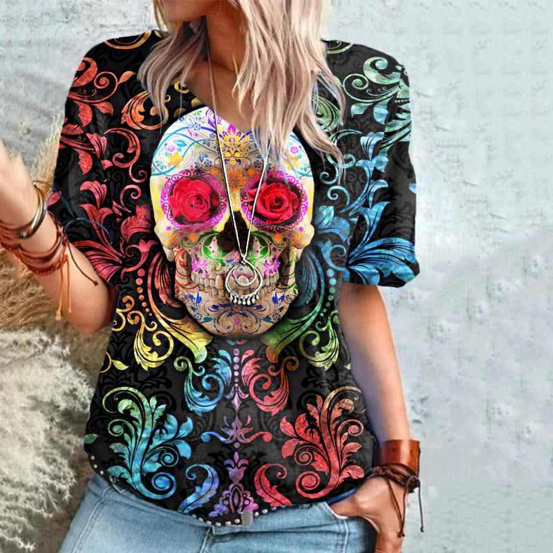 Colorful Floral Skull Print Short Sleeve T-Shirt
