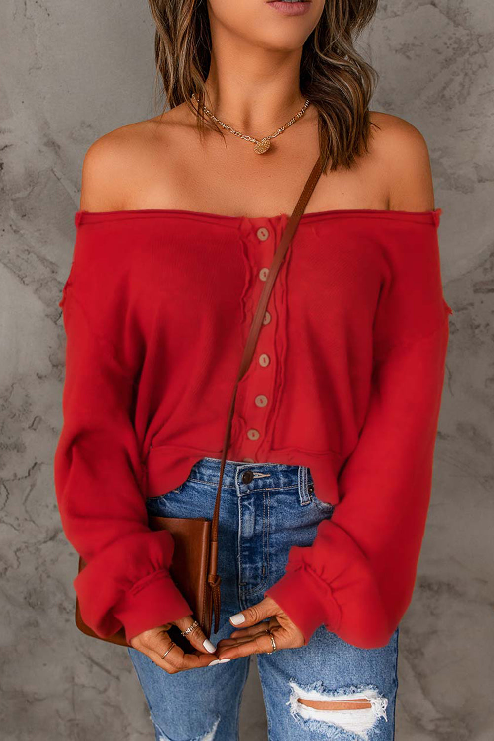 Women's Red Button Front Distressed Knit Top