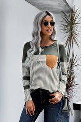 Women's Green Pinstripe Patch Pocket Long Sleeve Top