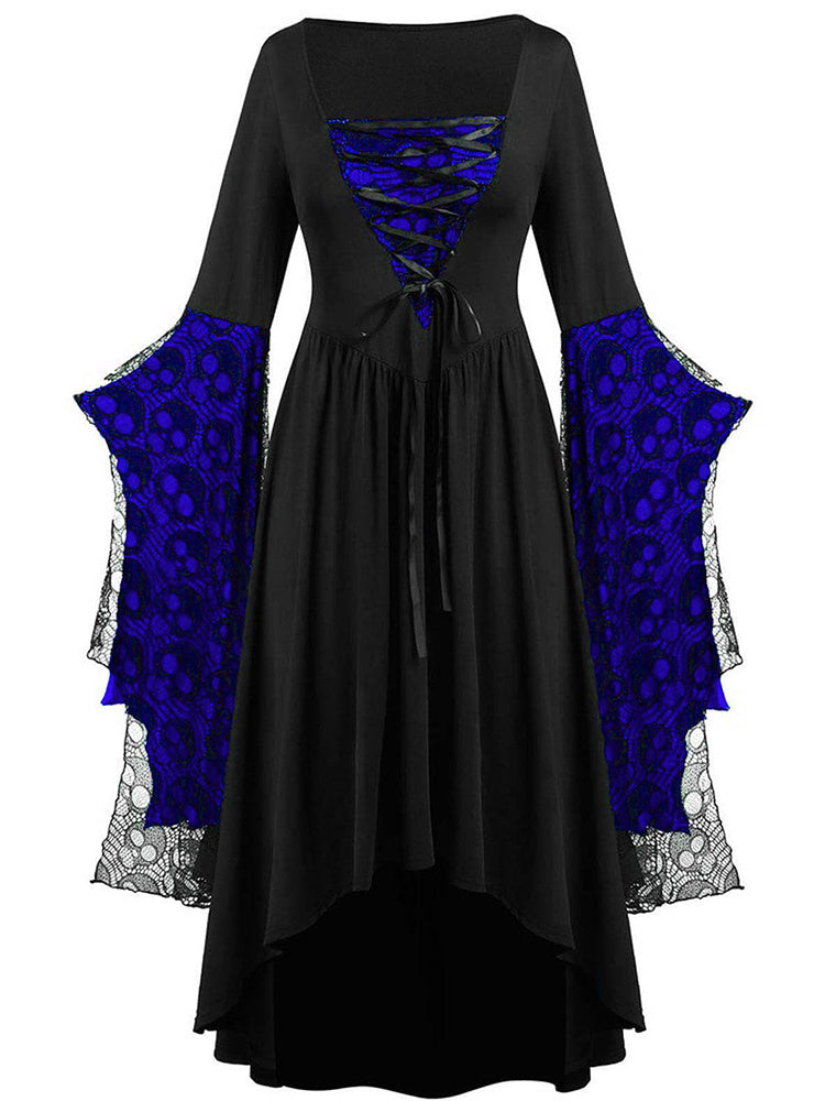Halloween Skull Print Lace Stitching Dress