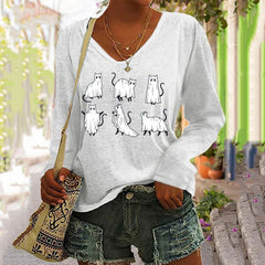 Funny Cat Print Long Sleeve V Neck T-Shirt