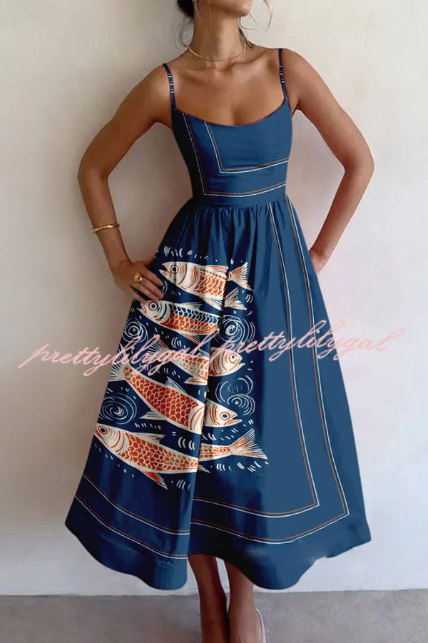 Colorful Unique Printed Sexy Suspender Slim Midi Dress
