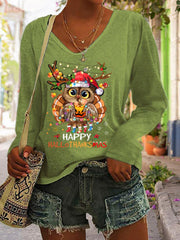Happy Hallothanksmas Owl Print V Neck T Shirt