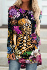 Floral Skull Print Long Sleeve Tunic