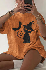 Cat Bat Print Short Sleeve T-Shirt