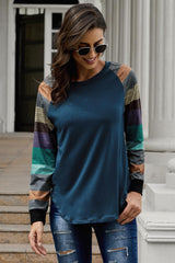 Women's Navy Color Block Long Sleeves Pullover Top