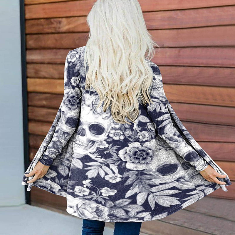 Floral Skull Print Long Sleeve Cardigan
