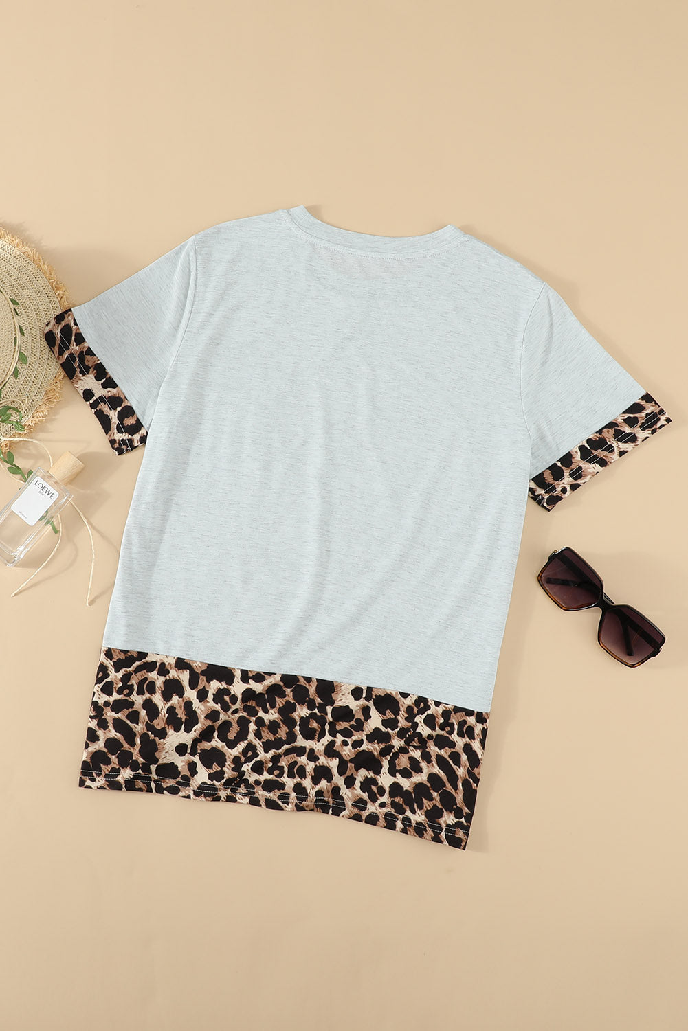 Women's Gray Sequins Accent Leopard Splicing Short Sleeve Casual Tee