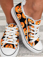 Halloween Pumpkin Print Fringe Hem Canvas Shoes