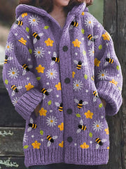 Bee Floral Embroidery Pattern Cozy Knit Hooded Cardigan