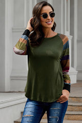 Women's Green Color Block Long Sleeves Pullover Top