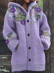 Classy Purple Floral Embroidered Cozy Knit Hooded Cardigan