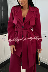 Business Needs Button Up Flap Pocket Belted Lapel Loose Jacket