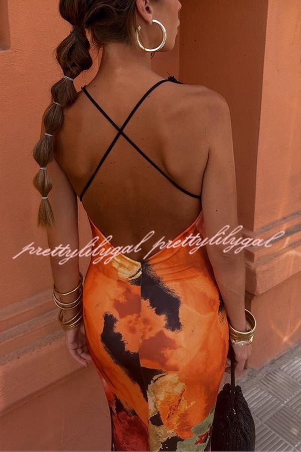 Unique Printed Sexy Lace V-neck Backless Maxi Dress