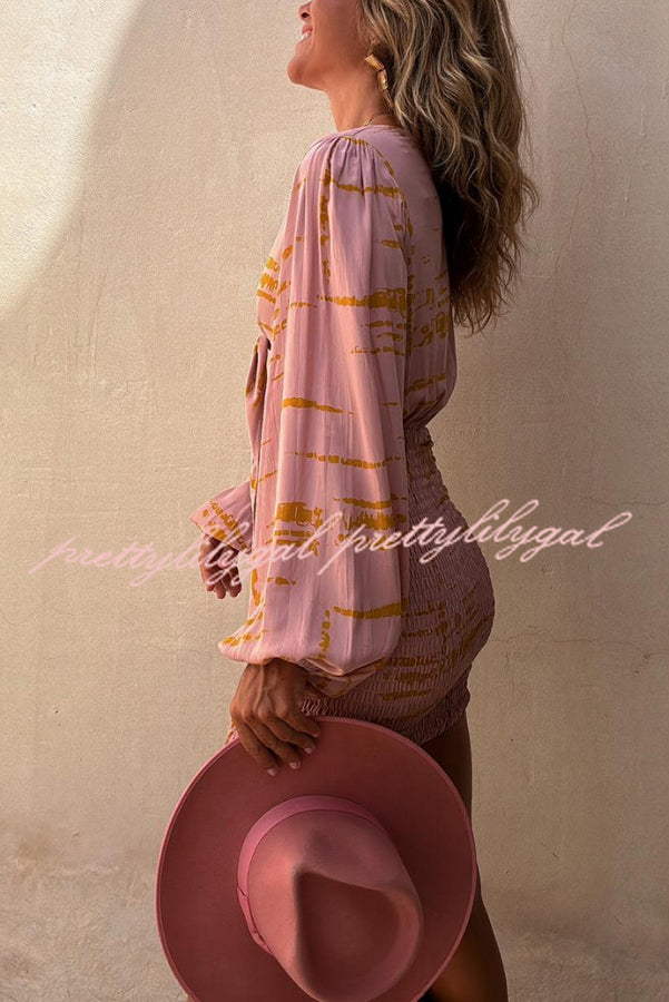 Felisa Unique Print Balloon Sleeve Tie-up Smocked Stretch Mini Dress