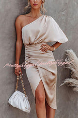 Glam Expectations One Shoulder Satin Drape Dress