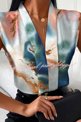 Marble / Abstract Print V-Neck Casual Top