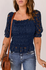 Women's Chic Blue Lace Ruffled Shirred Top