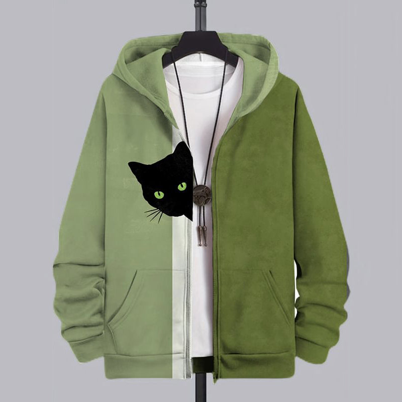 Men's Fun Hide And Seek Black Cat Print Hooded Zip-Up Jacket