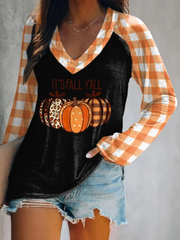 Halloween Bats Print V-neck Long Sleeve Casual T-Shirt