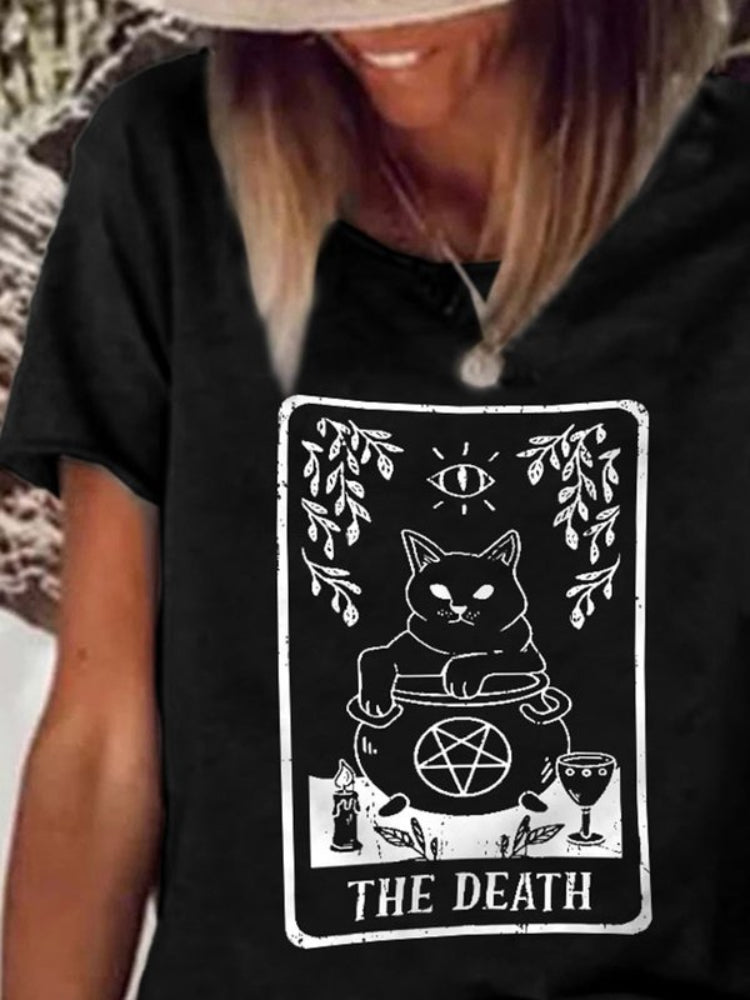 The Death Cat Print Casual Crew Neck Short Sleeve T Shirt