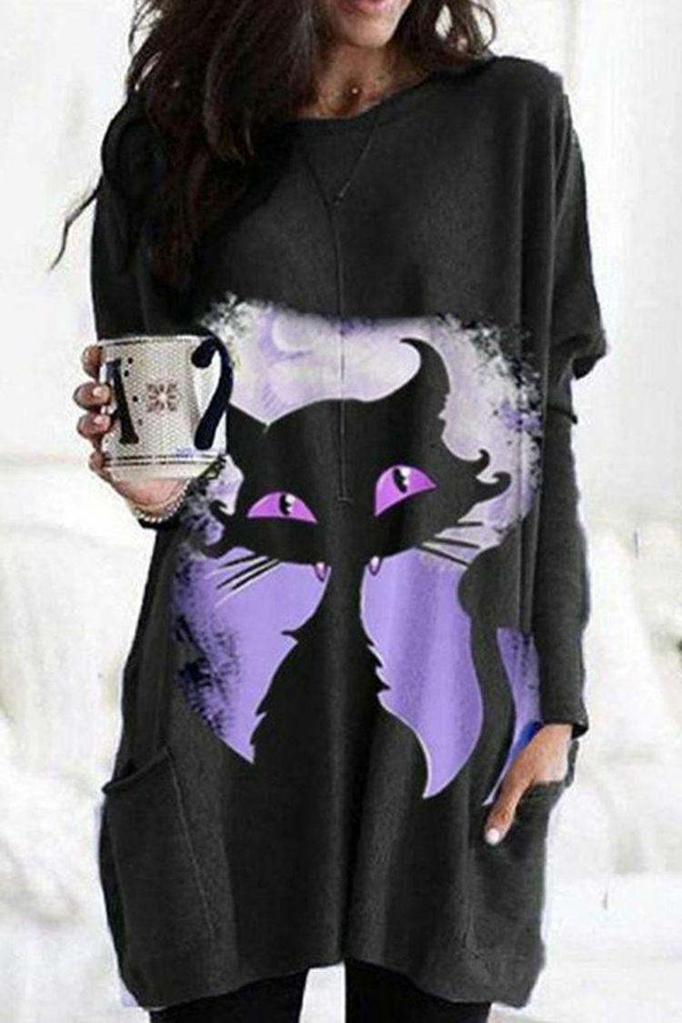 Cat Print Crew Neck Casual Tunic