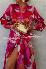 Unique Printed Long Sleeve V-neck Tie-up Waist Slit Maxi Dress