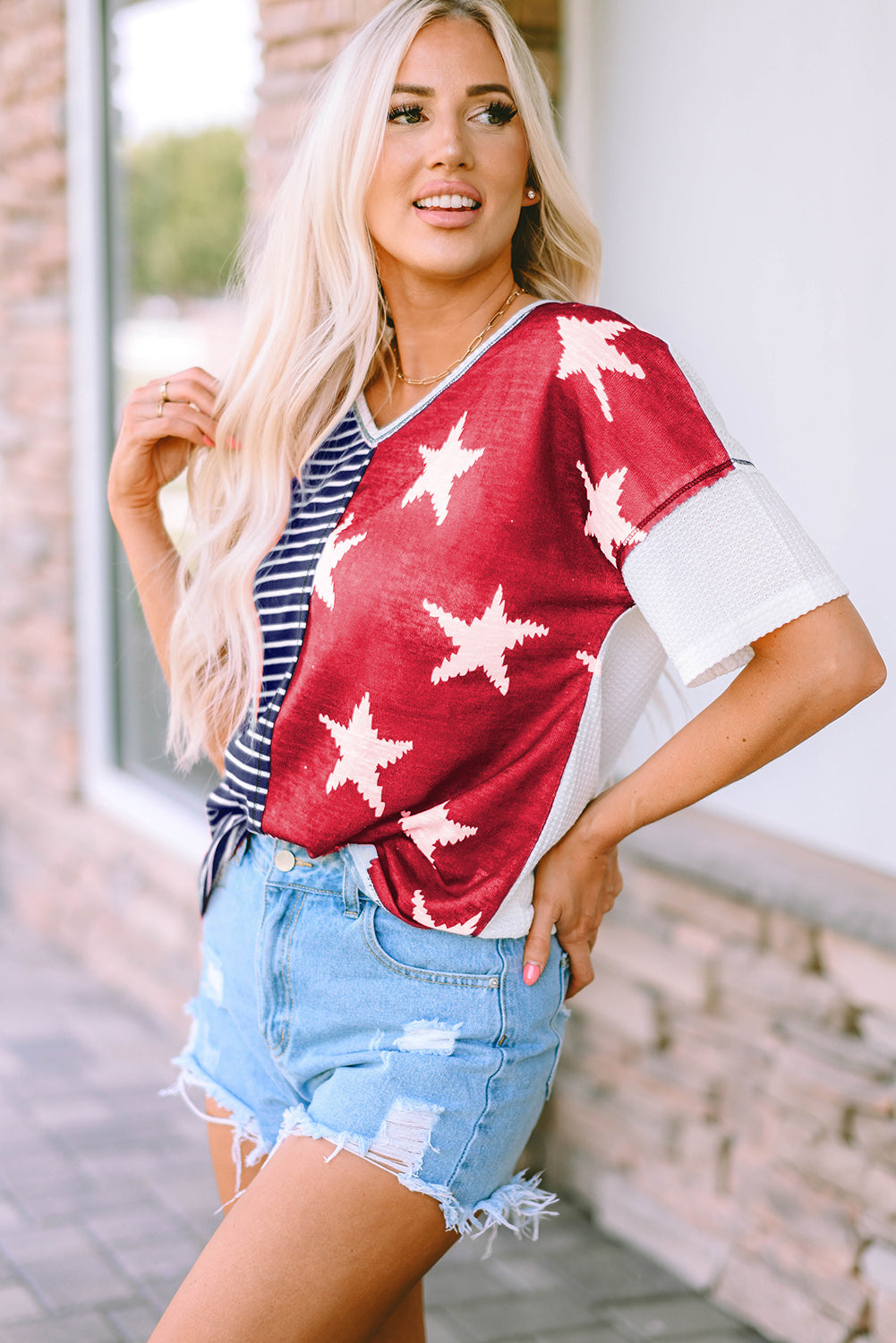 Women's Stripes Stars Print Knit Top