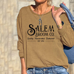 Halloween Salem Broom Co Print Crew Neck Long Sleeve Sweatshirt