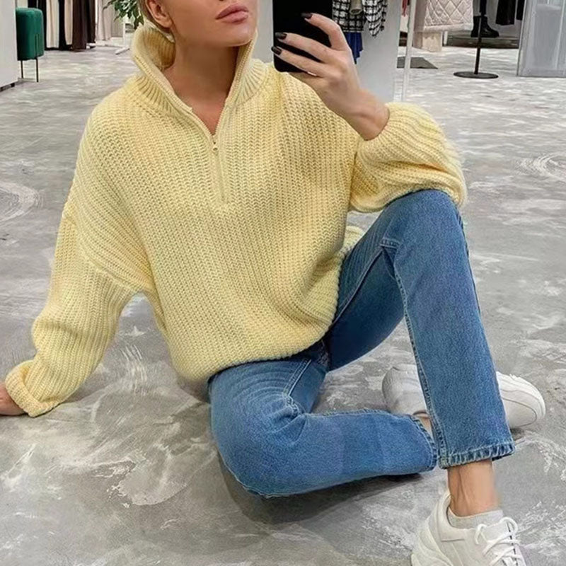 Zipper half turtleneck loose casual sweater