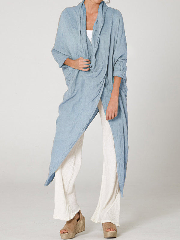 Vintage Linen Blend Long Sleeve Pile Collar Asymmetrical Cardigan