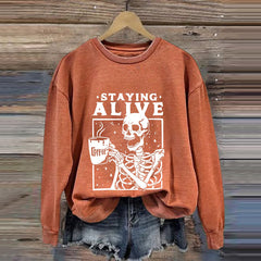 Staying Alive Skeleton Coffee Halloween Print Casual Sweatshirt